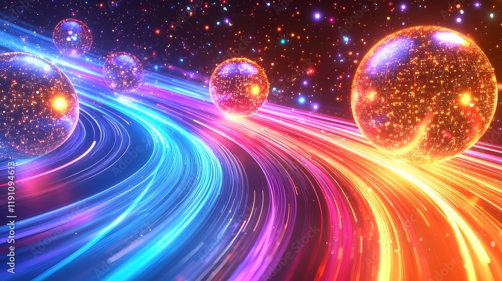Poster captivating abstract digital art visualization with glowing colorful orbs and dynamic flowing lines 