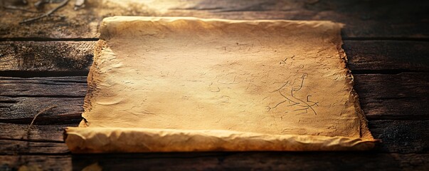 Old treasure map scroll on wooden table revealing secrets of the past