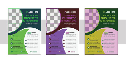 A bundle of 3 templates of different colors a4 flyer template, modern business flyer template,  Business abstract vector template. Brochure design, cover modern layout, annual report, poster, Creative