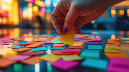 Fototapeta premium Woman arranging colorful sticky notes on a reflective surface in neon light ambiance