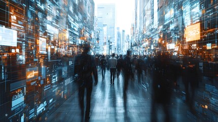 Futuristic city scene with blurred pedestrians on a glossy technology infused wall displaying the year 2025 suggesting a vision of an advanced interconnected urban landscape of the near future