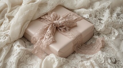 A pastel pink gift box tied with a shimmering red ribbon, placed on a lace tablecloth.