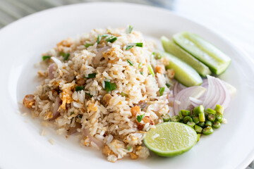 Fried rice with meat, egg and vegetables, simply and delicious menu in Thai style.
