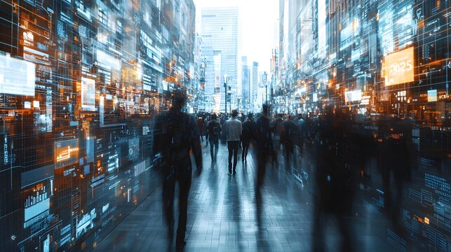 Futuristic city scene with blurred pedestrians on a glossy technology infused wall displaying the year 2025 suggesting a vision of an advanced interconnected urban landscape of the near future