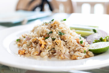 Fried rice with meat, egg and vegetables, simply and delicious menu in Thai style.