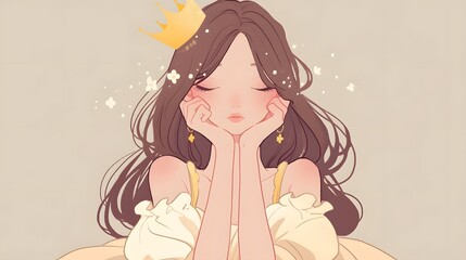 A princess wearing a crown, drawn in a charming cartoon style, showcasing her regal elegance.