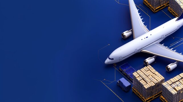 Global air freight airplane, cargo containers, and logistics network on blue background