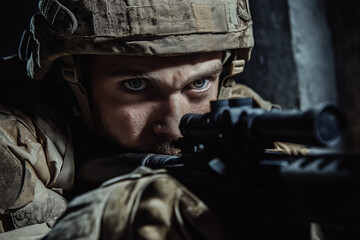 Fototapeta premium Focused Caucasian adult man soldier aiming rifle in dim light