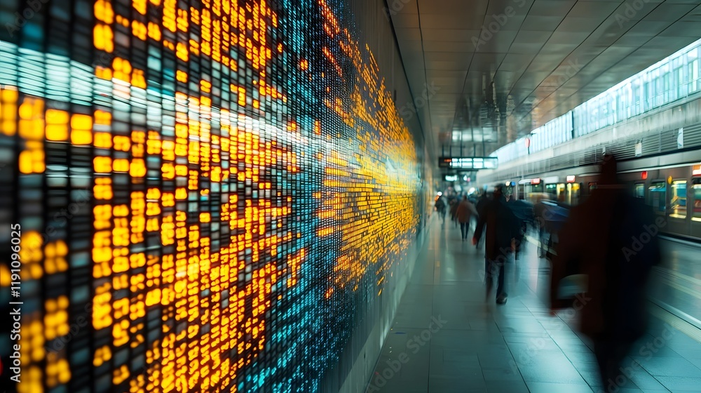 Poster futuristic digital display wall with vibrant data visualization and blurred commuters in motion thro