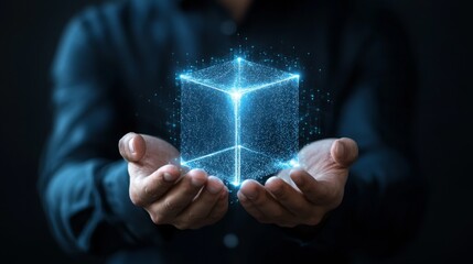 Man hands holding a holographic 3D cube innovation, technology, and future concept