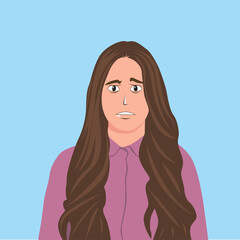 vector of a woman making a displeased expression, wearing casual clothes with long brown hair on a light blue background.