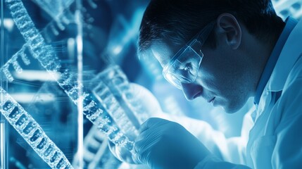 A close-up of a biomedical researcher conducting genetic experiments in a biotechnology laboratory, with DNA sequences and laboratory instruments visible, Biotechnology research scene