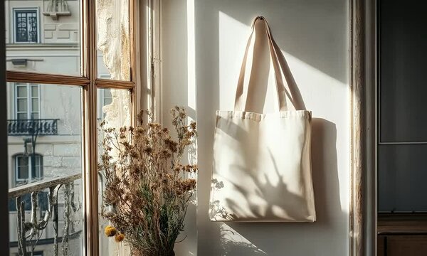 Sunlit tote bag hanging by a rustic window with dried flowers.