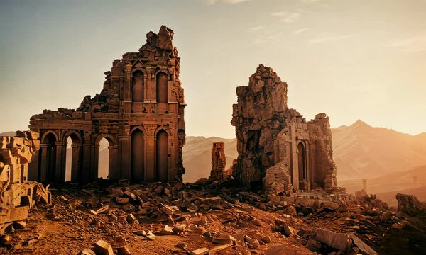 View of ruins of ancient city with temples at golden hours of sunset, inspired by nabatienh culture and arkhitecture	