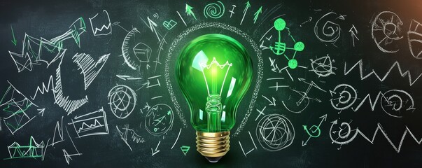 A green glowing light bulb surrounded by transparent innovation symbols