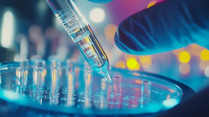 A close-up of a biomedical researcher conducting genetic experiments in a biotechnology laboratory, with DNA sequences and laboratory instruments visible, Biotechnology research scene