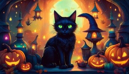 halloween background with cat. Halloween background. Fantasy black cat witch in magical mysterious fairy cabin with magic
