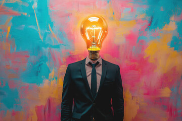 Lightbulb Head Man in Suit on Vibrant Abstract Background, Symbolizing Creativity, Inspiration, and Breakthrough Ideas