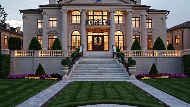 Luxurious mansion with grand entrance and beautifully landscaped garden at dusk