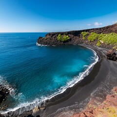 Obraz premium Generated image Aerial view of Bali’s pristine white sandy beaches and turquoise waters under a bright blue
