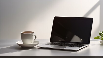 Office place with laptop and coffee cup on light background with copyspace. Coffee break. computer in the office