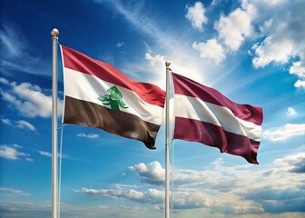 Surreal Latvian & Iraqi Flags, Blue Sky, Flagpoles - Stock Photo