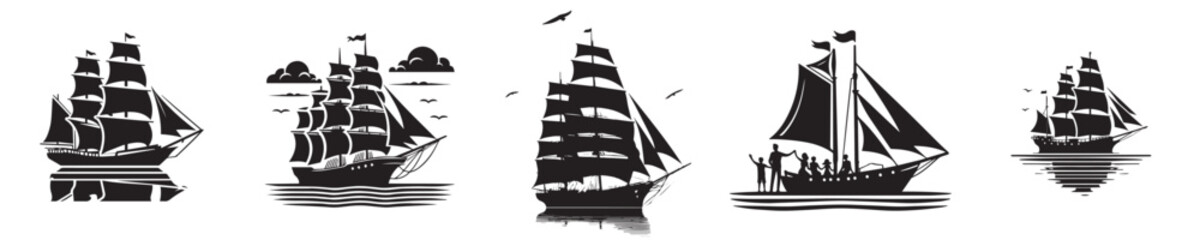 Vector collection of beautiful sailing ship silhouettes