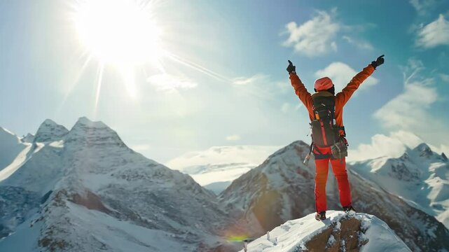 Conqueror Celebrating on Snowy Mountain Summit in Bright Sunlight