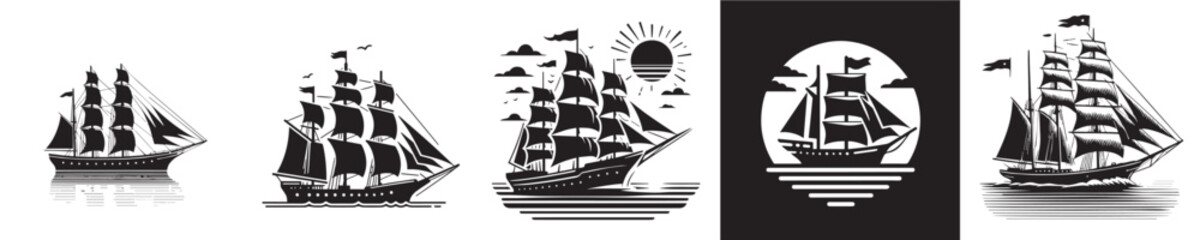 Vector collection of silhouettes of sailing ships anchored