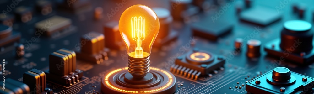 Poster glowing bulb sits on circuit board. protective shields surround lightbulb. futuristic tech style. id