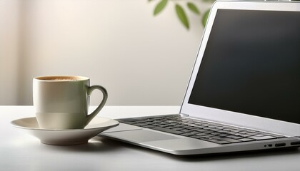 Office place with laptop and coffee cup on light background with copyspace. Coffee break. computer in the office