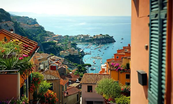 Camera flying above the Amalfi coast look-like landscape, Italian town on the sea, terraced houses decorated with flowers. 4K