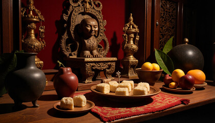 Intricate ancestral altar with offerings, honoring traditions