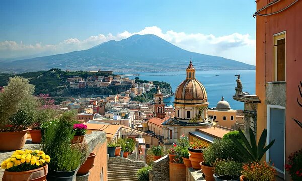 Camera flying abate the Italian old town as Naples, Vesuvius volcano at the background 