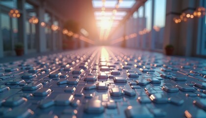 Fototapeta premium Futuristic abstract hallway with blue tiles at sunrise, ideal for tech-themed presentations