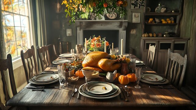Thanksgiving dining table with roast turkey and a rustic charm