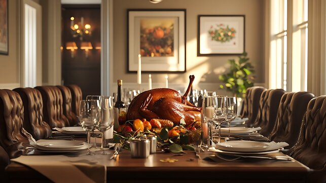 Thanksgiving dining table with roast turkey and a classic autumnal theme