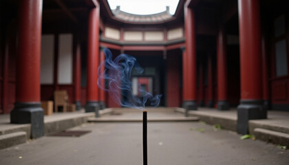 Incense stick burning in traditional shrine, tranquility and reverence