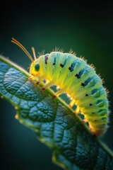 Naklejka premium Green caterpillar crawls on vibrant leaf.