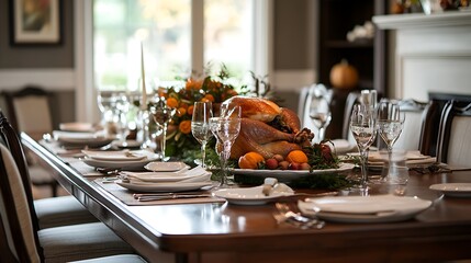 Thanksgiving dining table with roast turkey and a touch of elegance