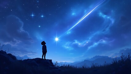 Fototapeta premium A child points to a shooting star passing through the sky.