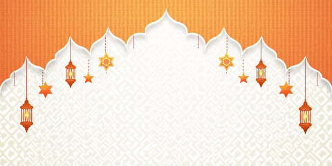 Obraz premium A digital illustration featuring an Islamic geometric pattern. The top section showcases an ornate, scalloped arch in a rich orange hue, adorned with intricate star and floral motifs.