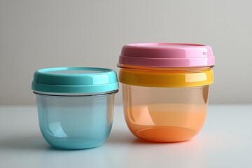 Two colorful plastic food containers.