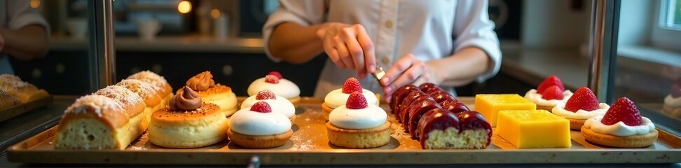 A chef expertly decorates a selection of delicious pastries and desserts in a kitchen.