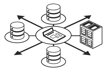 Database symbol, centralized storage icon, data convergence, black and white graphic, minimalist design, cylinders and arrows, information hub, network diagram, simplified tech illustration, data flow