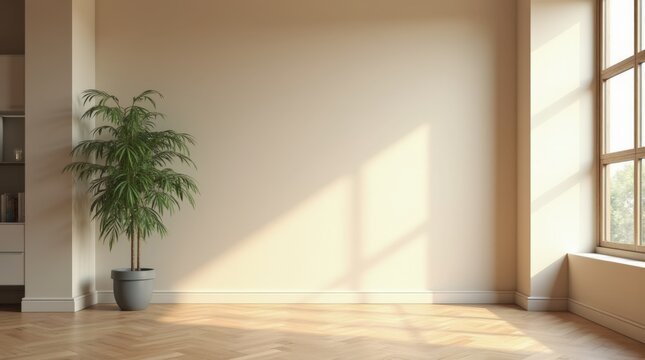 Modern contemporary loft empty room with beige tones wall. The Room has , parquet floor, plant, window