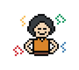 Obraz premium Cute cartoon pixel character cute man exercises training aerobic dance lifestyle music decoration life style 8 bit male boy dance with music game 8bit fitness isolated PNG vector.