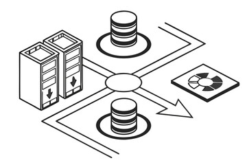 Database symbol, centralized storage icon, data convergence, black and white graphic, minimalist design, cylinders and arrows, information hub, network diagram, simplified tech illustration, data flow