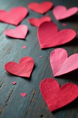 Obraz premium A collection of colorful paper hearts scattered on a wooden surface, symbolizing love.