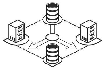 Database symbol, centralized storage icon, data convergence, black and white graphic, minimalist design, cylinders and arrows, information hub, network diagram, simplified tech illustration, data flow